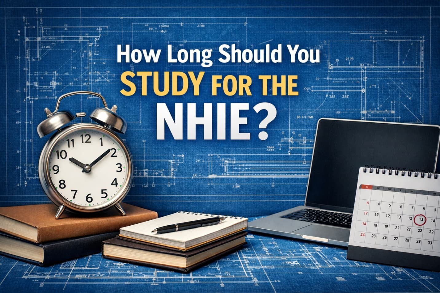 How Long Should You Study for the NHIE? — blueprint-style title banner with an alarm clock, laptop, and calendar