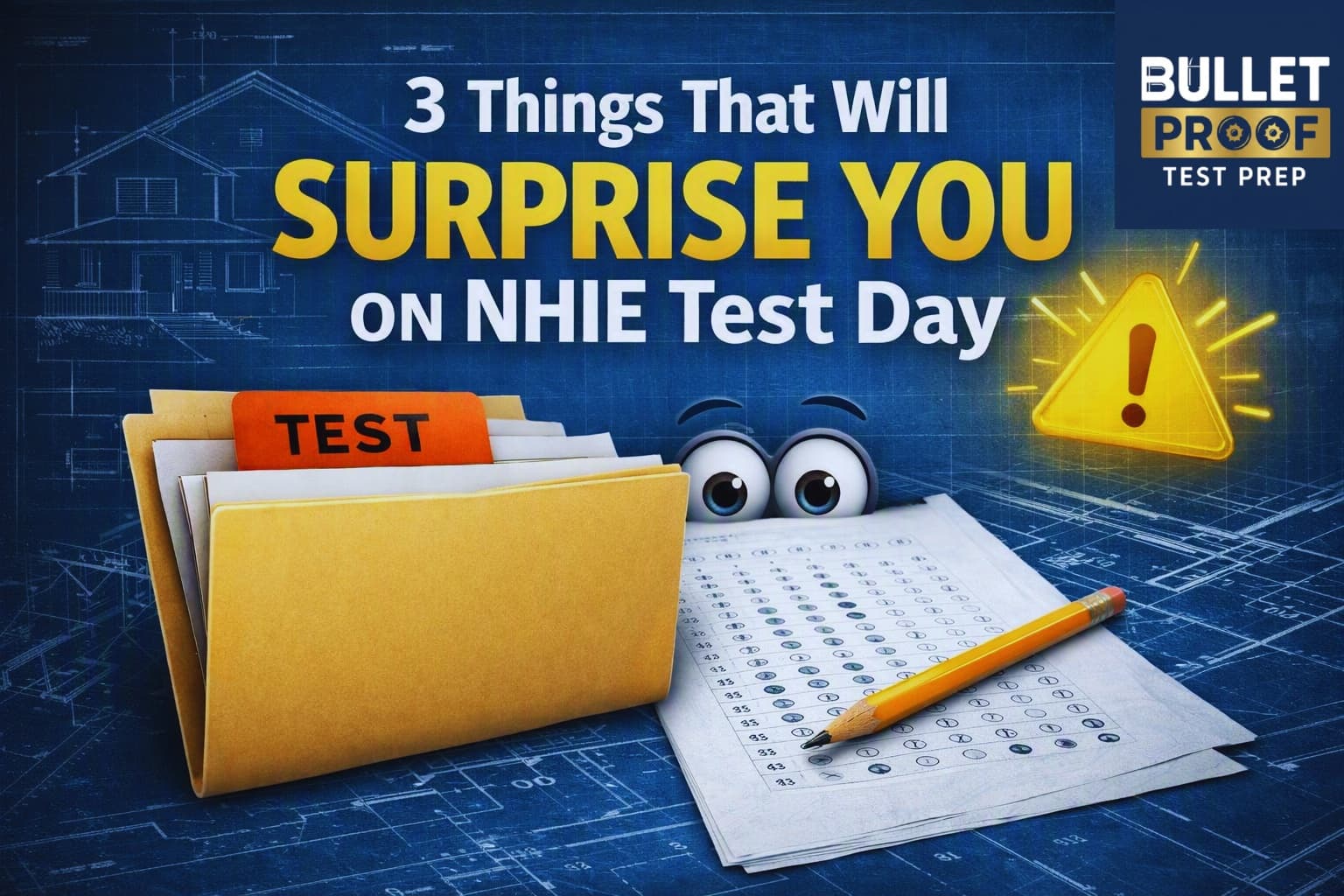 3 Things That Will Surprise You on NHIE Test Day — blueprint-style title banner with a test folder, answer sheet, and warning sign